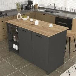 Peres Megapap melamine island kitchen cabinet in anthracite - sepet oak color 150x70x91.8cm.