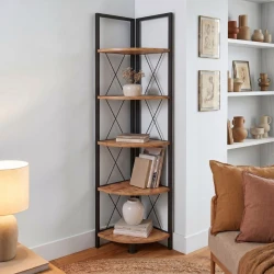 Kelsie Megapap metallic - melamine corner bookcase in black - pine oak color 33x33x162cm.