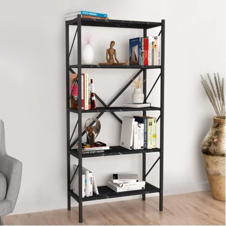 Jocasta Megapap melamine - metal bookcase in black marble effect color 66x34x160cm.