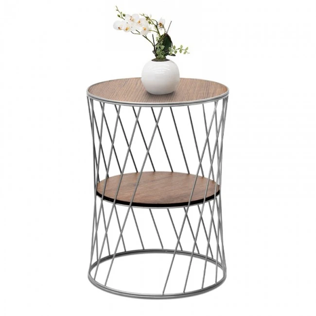 Jaspin Megapap metallic - Mdf side table in silver - walnut color 32x32x44cm.