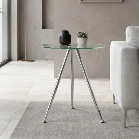 Mabel side table with chrome frame and glass surface D.50x51cm.