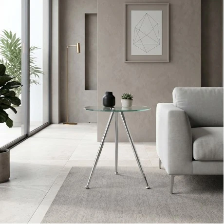 Mabel side table with chrome frame and glass surface D.50x51cm.