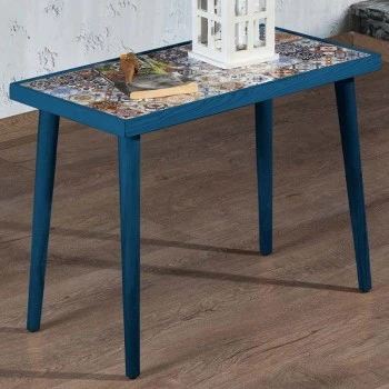 Mayra Megapap wooden - ceramic side table in blue color 62x32x45cm.