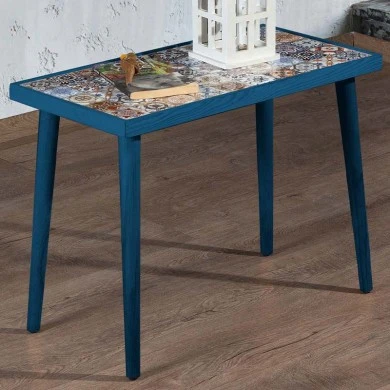 Mayra Megapap wooden - ceramic side table in blue color 62x32x45cm.