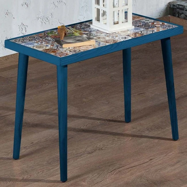 Mayra Megapap wooden - ceramic side table in blue color 62x32x45cm.
