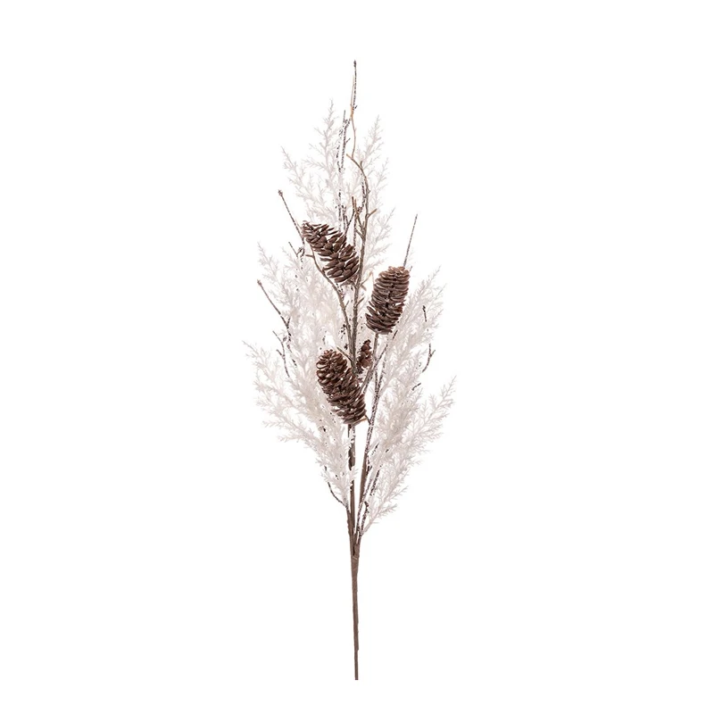 SNOWY LEAVES STEM WITH PINECONES 68CM