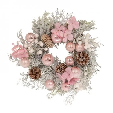 FROSTED WREATH WITH PINK BERRIES AND PINE CONES 35CM