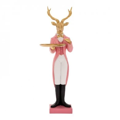 XMAS GOLD RESIN DEER WEARING PINK COSTUME AND HOLDING A GOLD TRAY 17X12,5X74CM