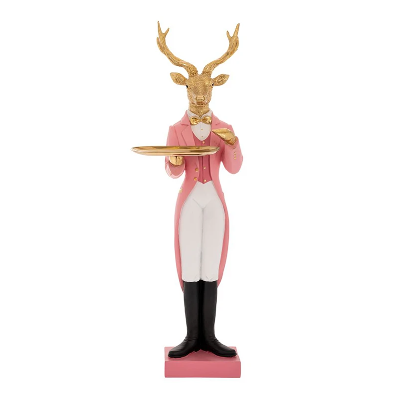 XMAS GOLD RESIN DEER WEARING PINK COSTUME AND HOLDING A GOLD TRAY 17X12,5X74CM