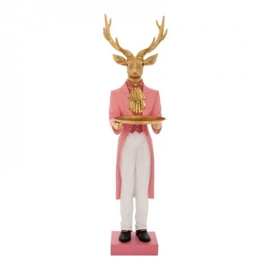 XMAS GOLD RESIN DEER WEARING PINK COSTUME AND HOLDING A GOLD TRAY 26X16X100CM