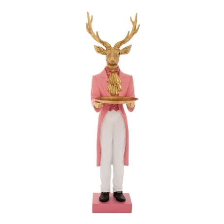 XMAS GOLD RESIN DEER WEARING PINK COSTUME AND HOLDING A GOLD TRAY 26X16X100CM