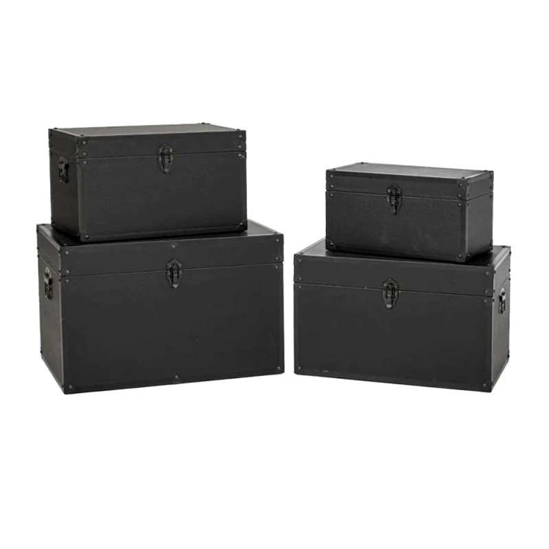 BLACK LEATHER WOODEN CHEST S 4 54x35x35CM 48x30x30CM 42x25x25CM 36x20x20CM