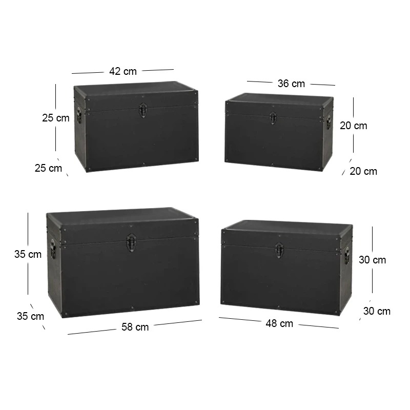 BLACK LEATHER WOODEN CHEST S 4 54x35x35CM 48x30x30CM 42x25x25CM 36x20x20CM