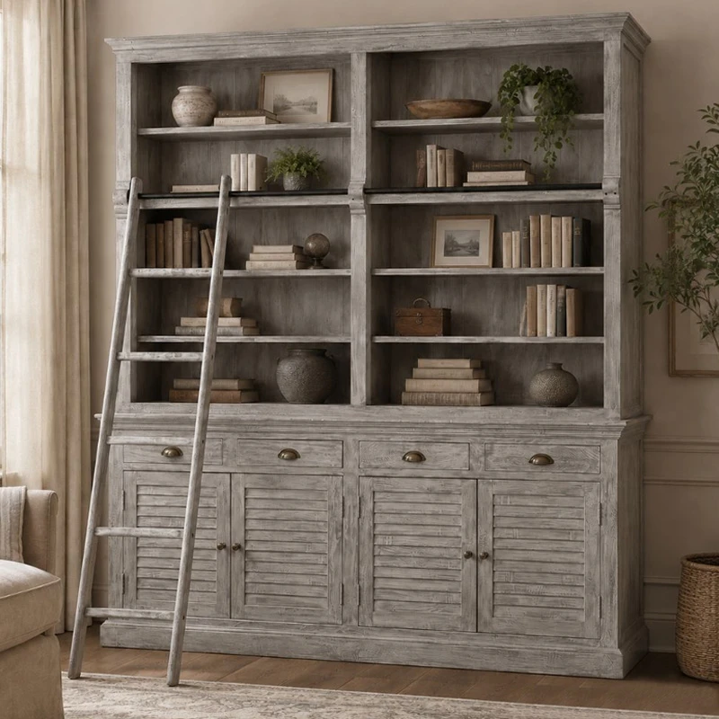 WOODEN DOUBLE BOOKCASE IN GREY COLOR  WITH LADDER 200X45X230CM