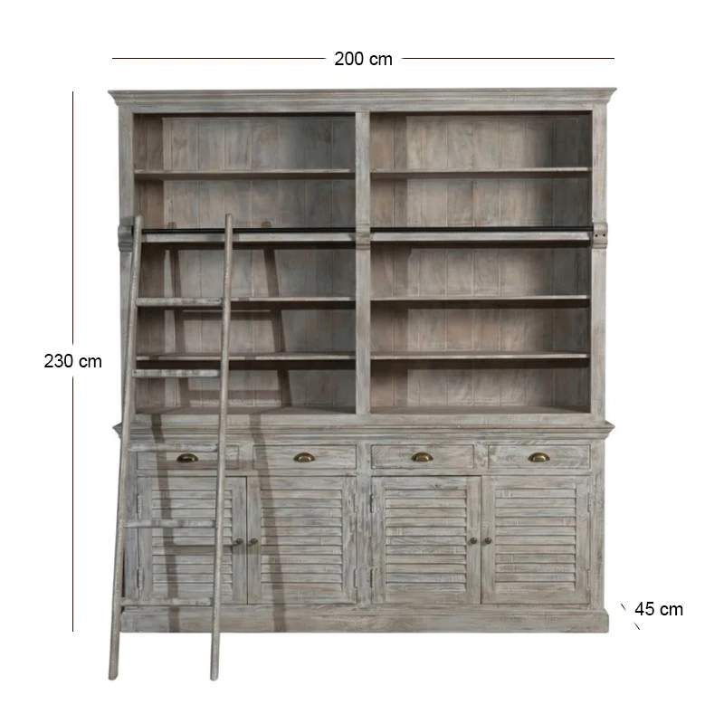 WOODEN DOUBLE BOOKCASE IN GREY COLOR  WITH LADDER 200X45X230CM