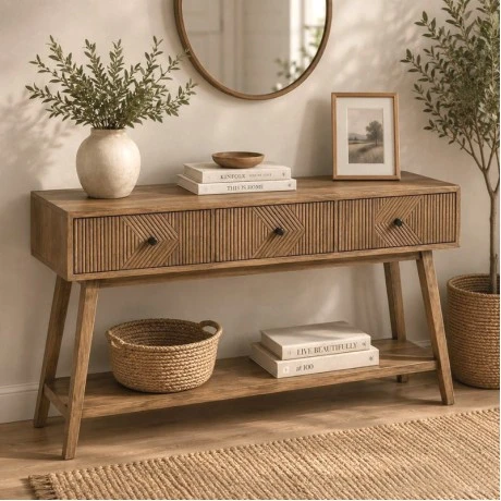 WOODEN ENTRANCE CONSOLE IN LIGHT BROWN WITH 3 DRAWERS 150X40X75CM