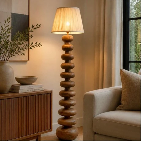 WOODEN FLOOR LAMP WITH BEIGE HAT D28X140CM