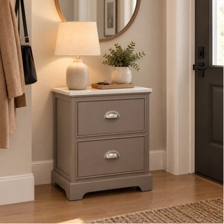 WOODEN BEDSIDE TABLE WITH 2 DRAWERS IN GREY COLOR WITH MARBLE SURFACE 45X35X54CM