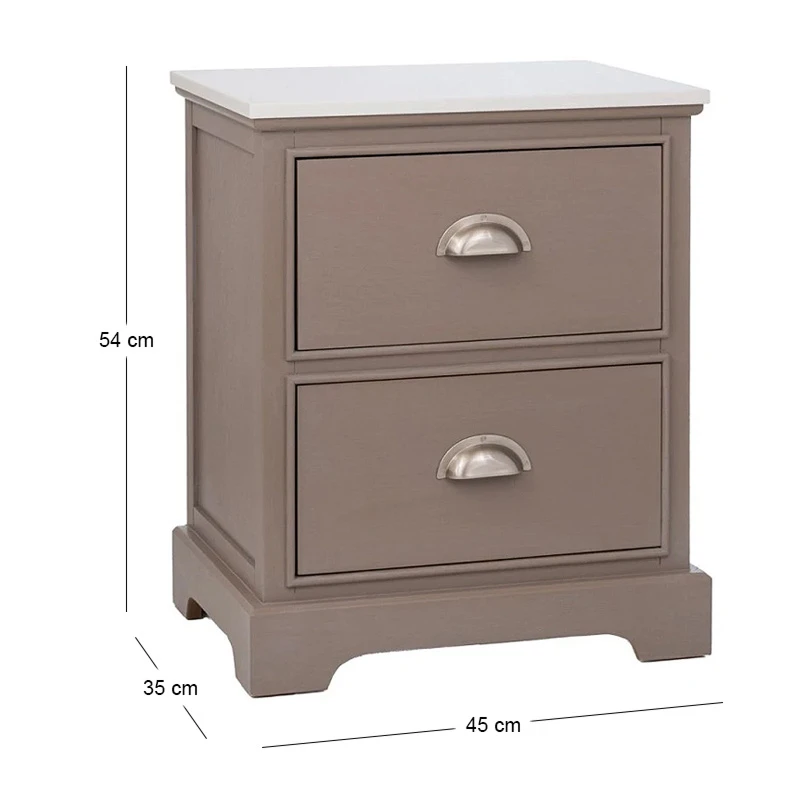 WOODEN BEDSIDE TABLE WITH 2 DRAWERS IN GREY COLOR WITH MARBLE SURFACE 45X35X54CM