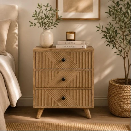 WOODEN BEDSIDE TABLE IN LIGHT BROWN WITH 3 DRAWERS 50X33X75CM