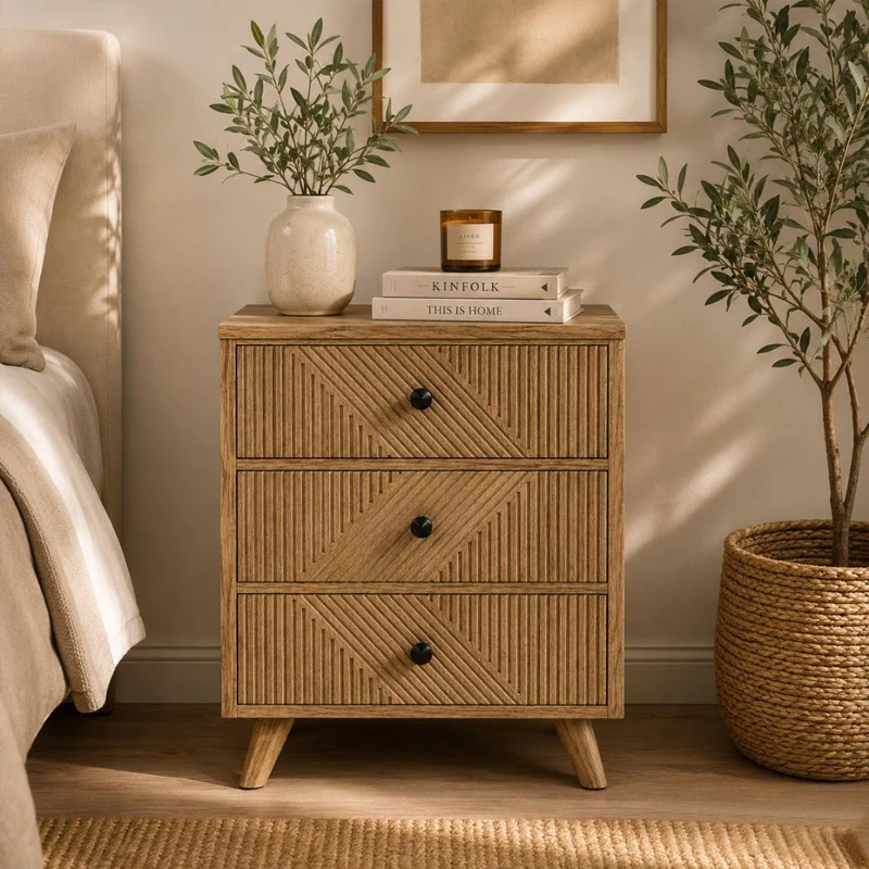WOODEN BEDSIDE TABLE IN LIGHT BROWN WITH 3 DRAWERS 50X33X75CM