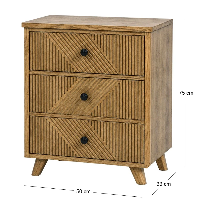 WOODEN BEDSIDE TABLE IN LIGHT BROWN WITH 3 DRAWERS 50X33X75CM
