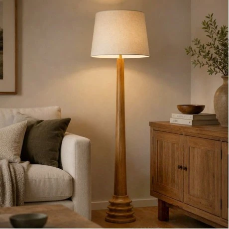 WOODEN FLOOR LAMP WITH BEIGE HAT D24X135CM