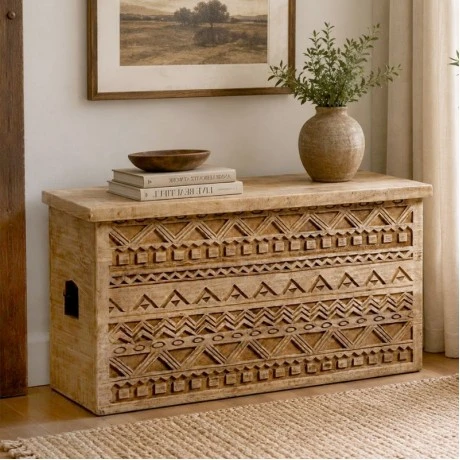 CARVED WOODEN STORAGE FURNITURE IN NATURAL COLOR 85X35X45CM