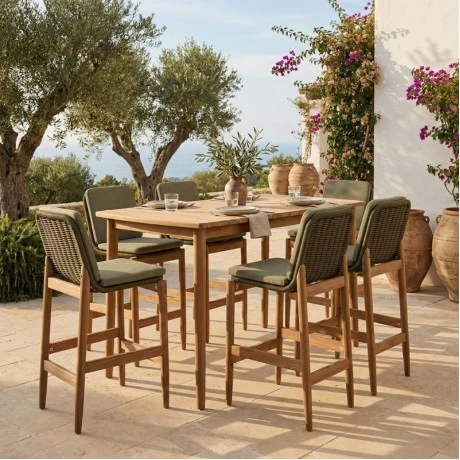 OUTDOOR BAR STOOL MASAYA IN NATURAL COLOR WITH KHAKI CUSHION MADE OF ACACIA WOOD 57X50X95CM