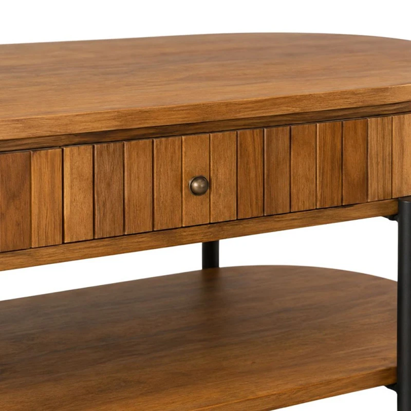 WOODEN COFFEE TABLE IN OVAL SHAPE WITH BLACK METAL LEGS 120Χ50Χ47CM
