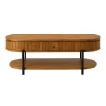 WOODEN COFFEE TABLE IN OVAL SHAPE WITH BLACK METAL LEGS 120Χ50Χ47CM