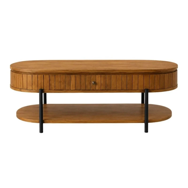 WOODEN COFFEE TABLE IN OVAL SHAPE WITH BLACK METAL LEGS 120Χ50Χ47CM
