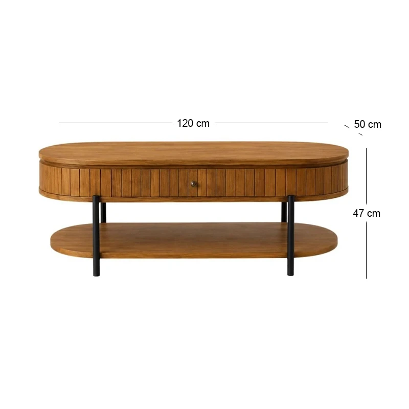 WOODEN COFFEE TABLE IN OVAL SHAPE WITH BLACK METAL LEGS 120Χ50Χ47CM