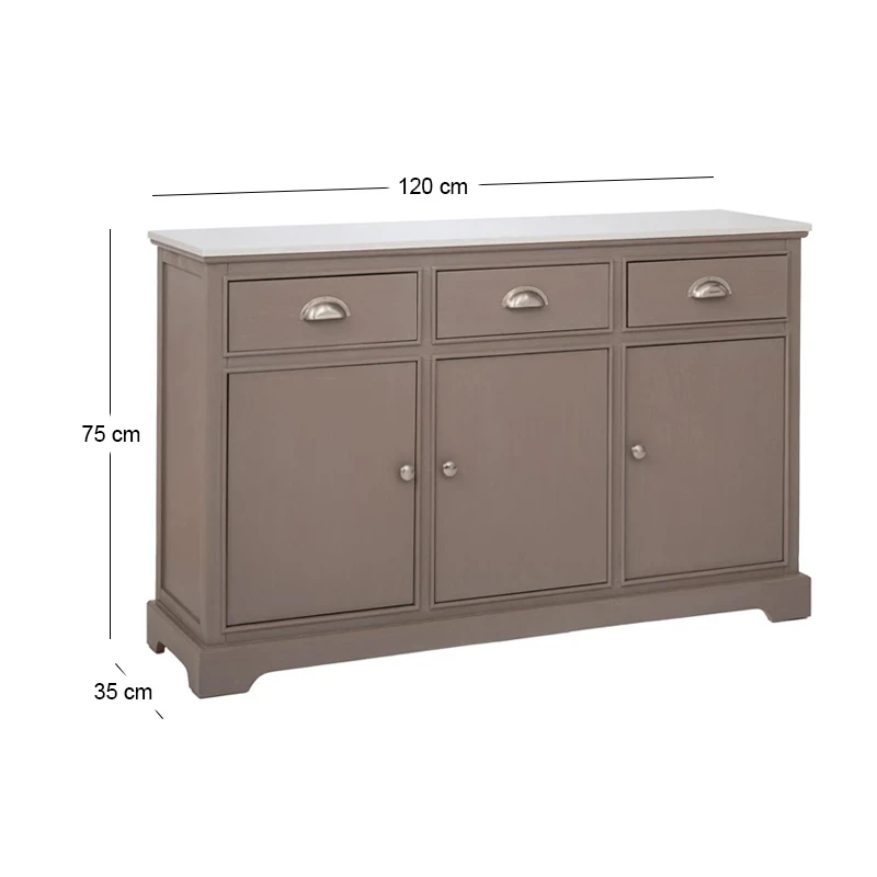 WOODEN SIDEBOARD IN GREY COLOR WITH 3 DOORS, 3 DRAWERS AND MARBLE SURFACE 120X35X75CM