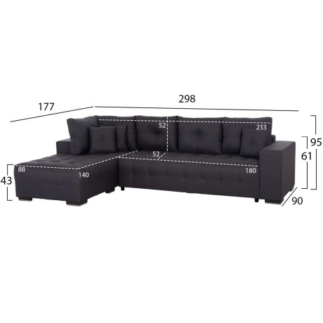 ΓΩΝΙΑΚΟΣ ΚΑΝΑΠΕΣ-ΚΡΕΒΑΤΙ ΜΕ ΑΠΟΘ.ΧΩΡΟ TRENDSTON HM3302.01L ΓΚΡΙ ΥΦΑΣΜΑ 298x177x95Υεκ