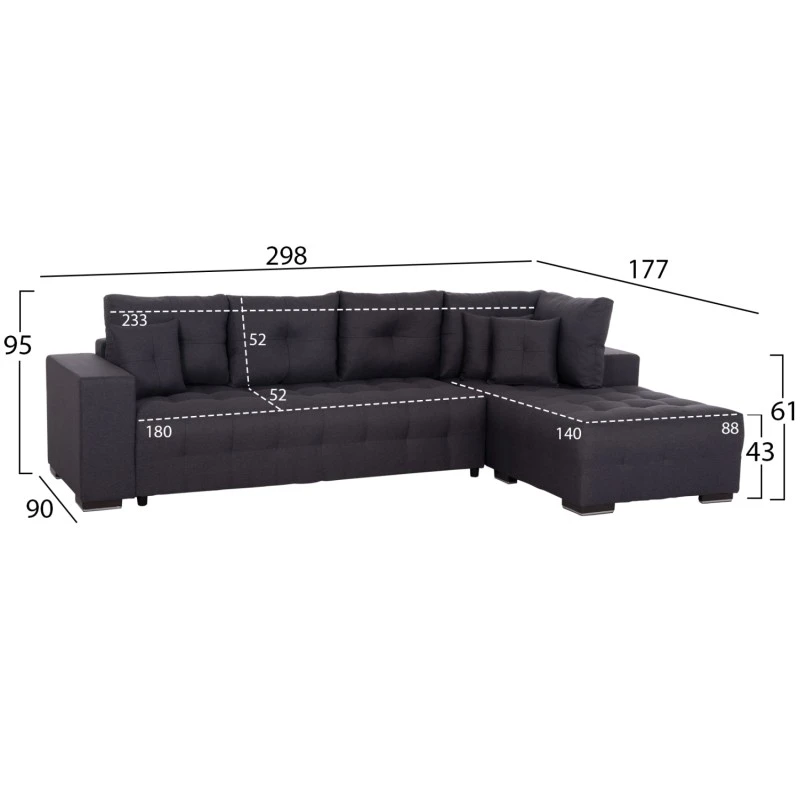 ΓΩΝΙΑΚΟΣ ΚΑΝΑΠΕΣ-ΚΡΕΒΑΤΙ ΜΕ ΑΠΟΘ.ΧΩΡΟ TRENDSTON HM3302.01R ΓΚΡΙ ΥΦΑΣΜΑ 298x177x95Υεκ