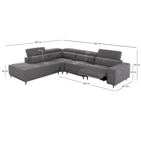 ΚΑΝΑΠΕΣ ΑΡΙΣΤΕΡΗ ΓΩΝΙΑ 5Θ ΜΕ RECLINE LUNARIS HM3316.01L ΓΚΡΙ ΥΦΑΣΜΑ 307x267x94Yεκ