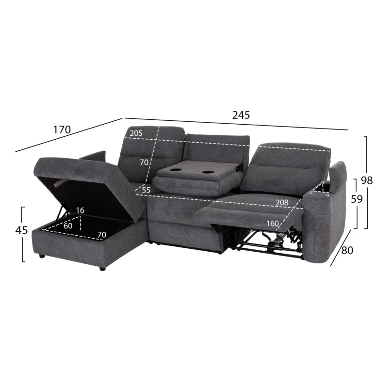 ΚΑΝΑΠΕΣ ΑΡΙΣΤΕΡΗ ΓΩΝΙΑ SYNTHIA HM3308.03L ΑΝΑΚΛΙΣΗ & ΑΠΟΘ.ΧΩΡΟΣ--ΓΚΡΙ 245x170x98Υεκ