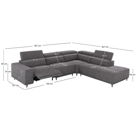 ΚΑΝΑΠΕΣ ΔΕΞΙΑ ΓΩΝΙΑ 5Θ ΜΕ RECLINE LUNARIS HM3316.01R ΓΚΡΙ ΥΦΑΣΜΑ 307x267x94Yεκ