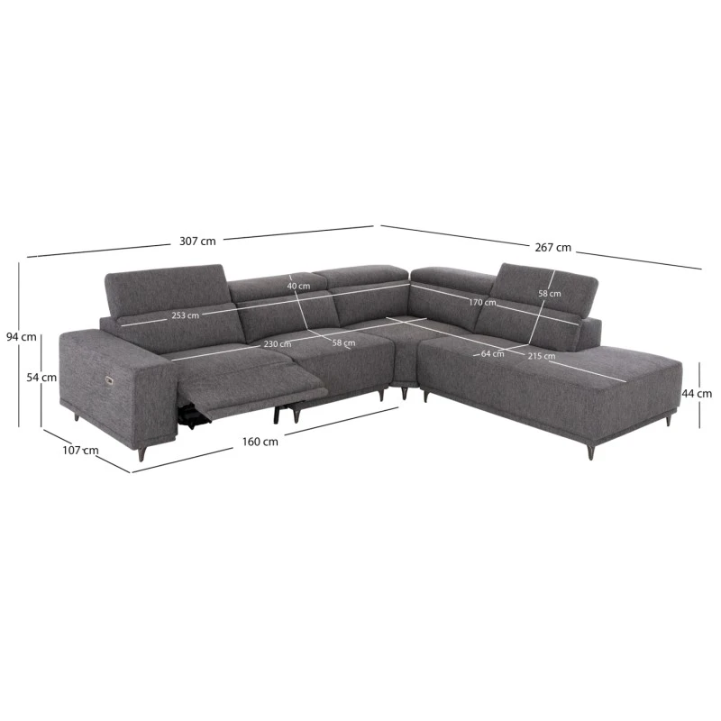 ΚΑΝΑΠΕΣ ΔΕΞΙΑ ΓΩΝΙΑ 5Θ ΜΕ RECLINE LUNARIS HM3316.01R ΓΚΡΙ ΥΦΑΣΜΑ 307x267x94Yεκ