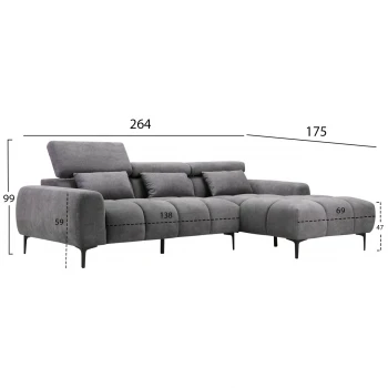 ΚΑΝΑΠΕΣ ΔΕΞΙΑ ΓΩΝΙΑ DIVYA HM3267.12R ΓΚΡΙ ΥΦΑΣΜΑ 264x175x99Υεκ.