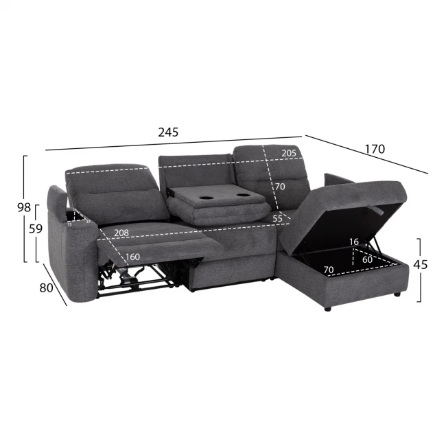 ΚΑΝΑΠΕΣ ΔΕΞΙΑ ΓΩΝΙΑ SYNTHIA HM3308.03R ΑΝΑΚΛΙΣΗ & ΑΠΟΘ.ΧΩΡΟΣ--ΓΚΡΙ 245x170x98Υεκ