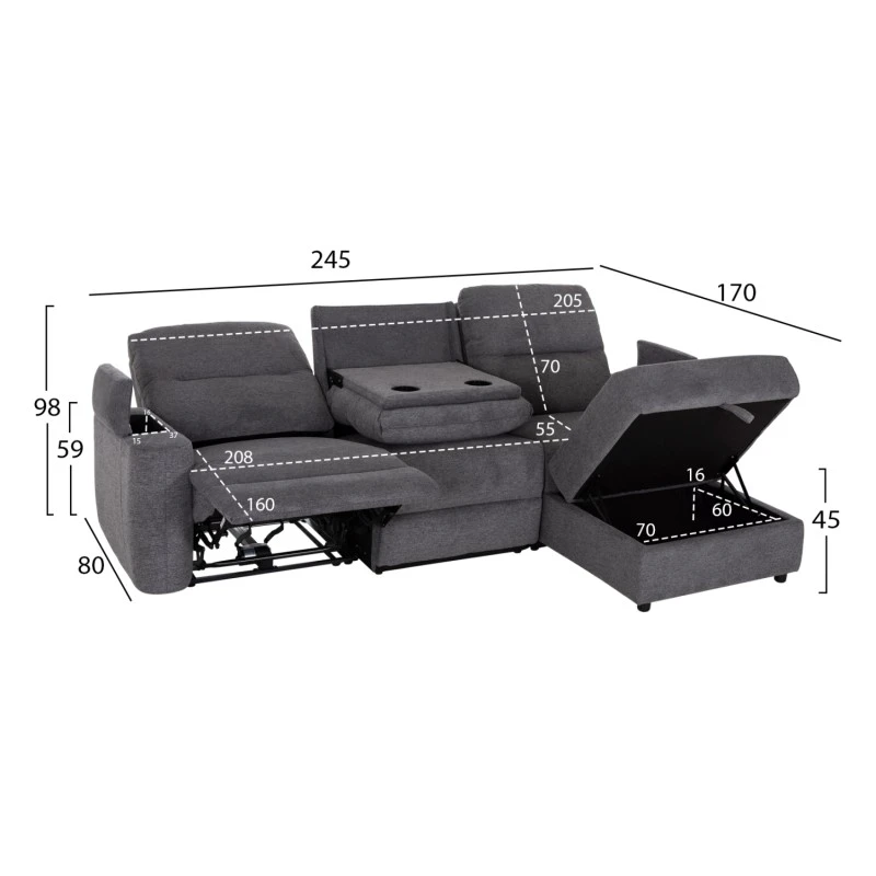 ΚΑΝΑΠΕΣ ΔΕΞΙΑ ΓΩΝΙΑ SYNTHIA HM3308.03R ΑΝΑΚΛΙΣΗ & ΑΠΟΘ.ΧΩΡΟΣ--ΓΚΡΙ 245x170x98Υεκ