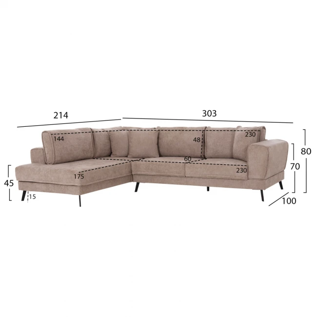 ΚΑΝΑΠΕΣ ΚΡΕΒΑΤΙ ΑΡΙΣΤΕΡΗ ΓΩΝΙΑ ZENORA HM3337.03L ΜΠΕΖ ΥΦΑΣΜΑ 303x214x80Υεκ