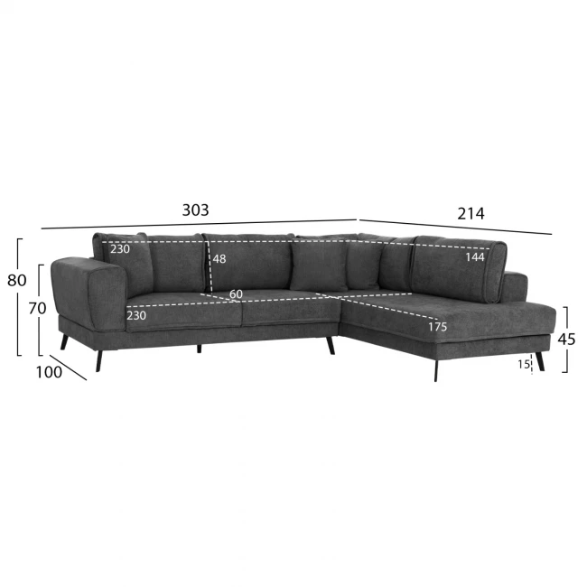 ΚΑΝΑΠΕΣ ΚΡΕΒΑΤΙ ΔΕΞΙΑ ΓΩΝΙΑ ZENORA HM3337.01R ΣΚΟΥΡΟ ΓΚΡΙ ΥΦΑΣΜΑ 303x214x80Υεκ