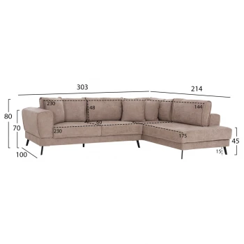 ΚΑΝΑΠΕΣ ΚΡΕΒΑΤΙ ΔΕΞΙΑ ΓΩΝΙΑ ZENORA HM3337.03R ΜΠΕΖ ΥΦΑΣΜΑ 303x214x80Υεκ