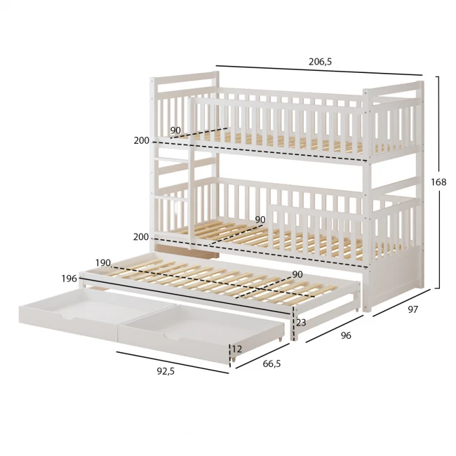 ΠΑΙΔΙΚΗ ΚΟΥΚΕΤΑ ΜΕ 3 ΚΡΕΒΑΤΙΑ & 2 ΣΥΡΤΑΡΙΑ TRIPLON HM709.03 ΞΥΛΟ ΠΕΥΚΟΥ 90x190-200εκ