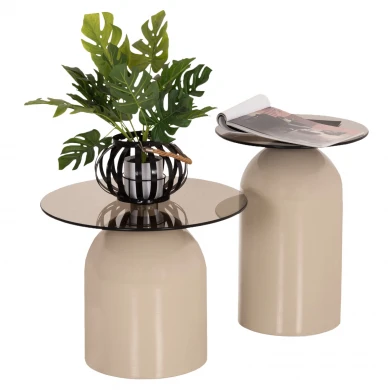 ΣΕΤ 2 ΤΡΑΠΕΖΙΑ ΣΑΛΟΝΙΟΥ BELLINS HM18314.04 ΜΠΕΖ ΜΕΤΑΛ.ΒΑΣΕΙΣ--ΓΥΑΛΙ Φ50εκ & Φ40εκ