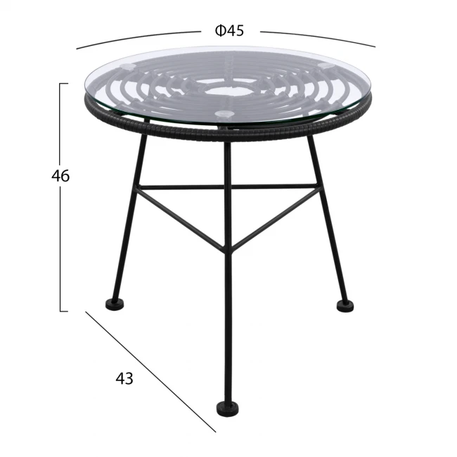 ΤΡΑΠΕΖΙ ΜΕΤΑΛΛΙΚΟ ALLEGRA ΜΕ WICKER ΣΕ ΜΑΥΡΗ ΑΠΟΧΡΩΣΗ ΚΑΙ ΓΥΑΛΙ HM5459.02  Φ45x46εκ