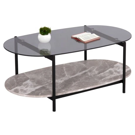ΤΡΑΠΕΖΙ ΣΑΛΟΝΙΟΥ ΟΒΑΛ KITTY HM18040 ΓΥΑΛΙ ΦΙΜΕ TOP-GREY MARBLE ΜΕΛΑΜΙΝΗ 110x50x43Υεκ